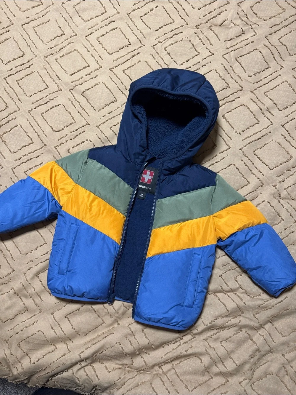 Swiss Tech Kids Colorblock Hooded Puffer Jacket - Navy, Blue, Yellow, Green